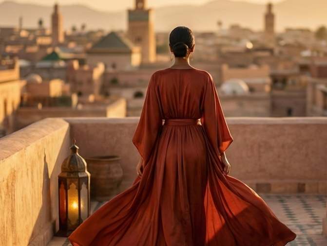 Woman in red dress walking